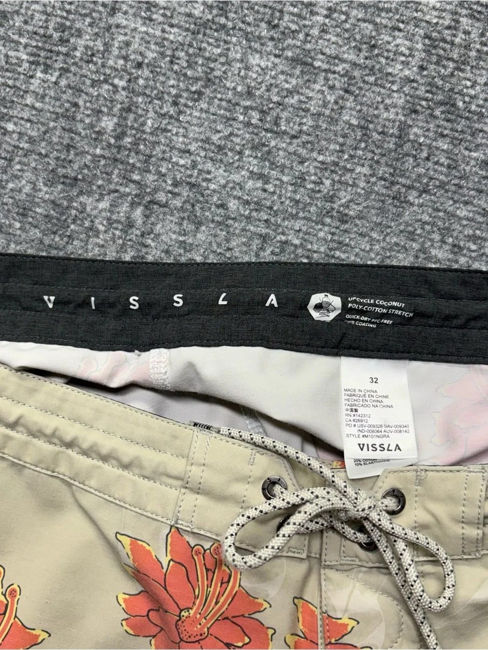 Vissla Board Shorts Mens 32 Gray Surf Beach Drawstring Floral Swim Trunks